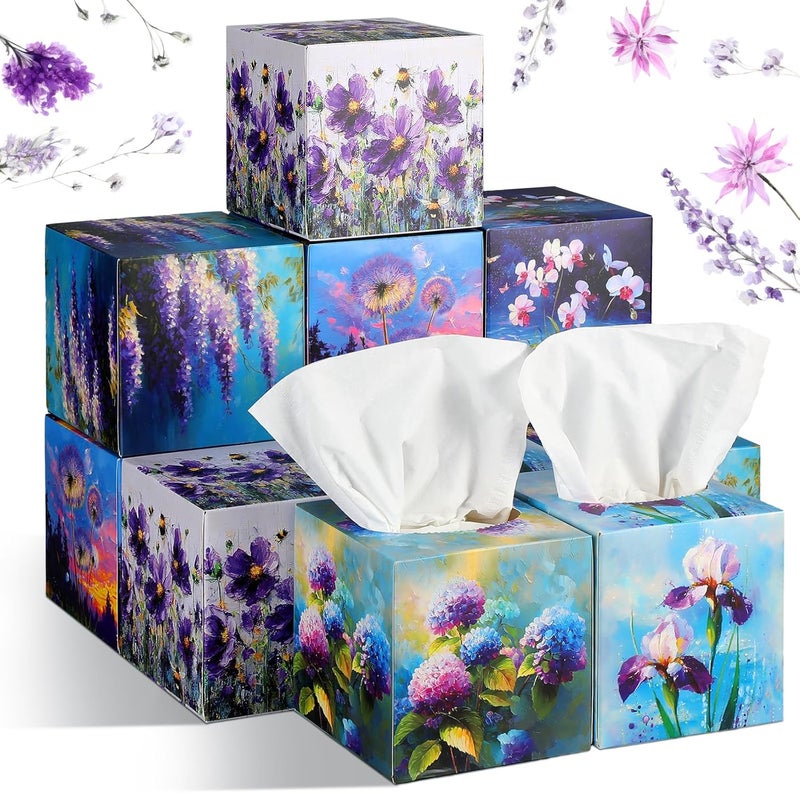 Fourluoo 12 Pack Christmas Purple Flowers Facial Tissues Cube Face Boxes 600 Sheets 3 Ply Small Lavender Dandelion Wisteria Mandala Floral Square Tissues Bulk for Xmas Spring Car Bedroom Supplies - Image 1